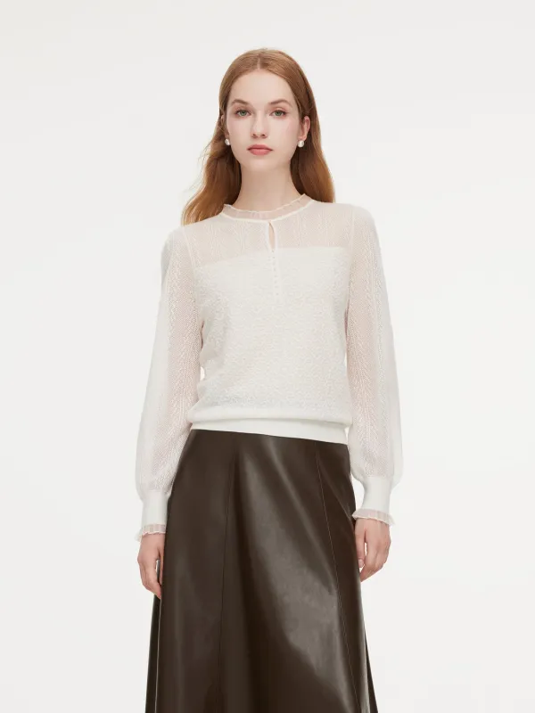 Jacquard Ruffle Neck Women Knit Top made by Goelia