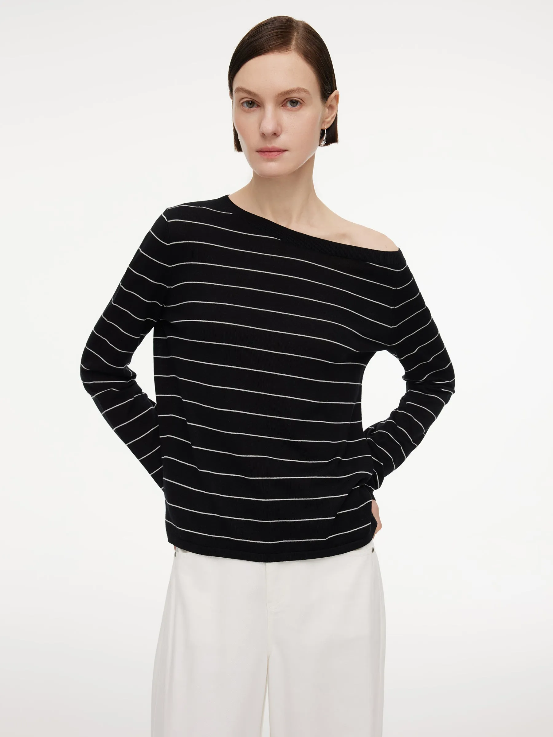 Tencel Mulberry Silk Blend Boat Neck Women Stripe Knit Top sold by Goelia product image thumbnail 5