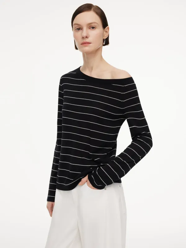 Tencel Mulberry Silk Blend Boat Neck Women Stripe Knit Top made by Goelia