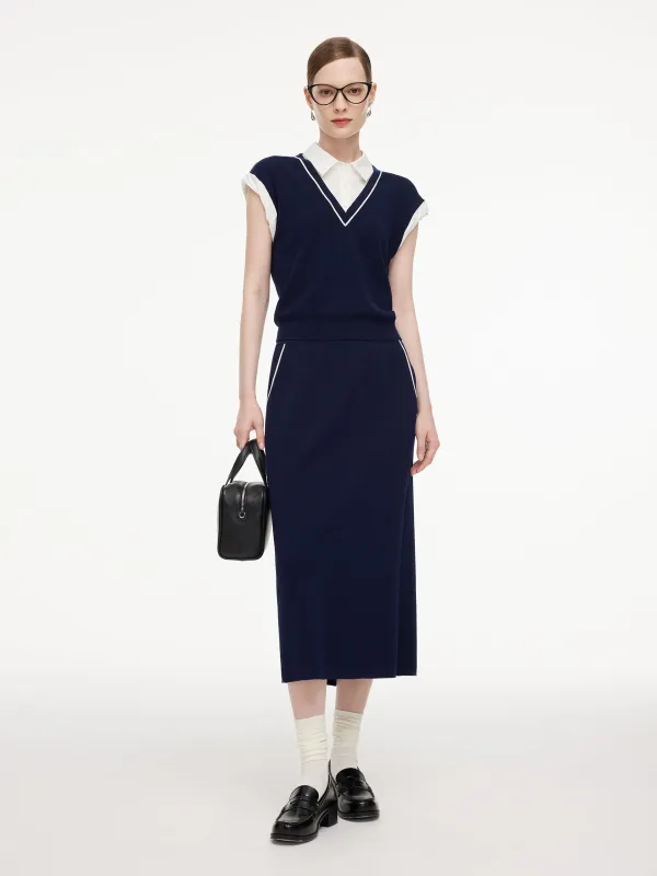 Tencel Blend Mock Layered Knit Top And Skirt Two-Piece Set made by Goelia