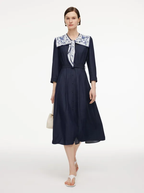 V-Neck Belted Women Denim Look Maxi Dress With Detachable Floral Print Silk Collar made by Goelia