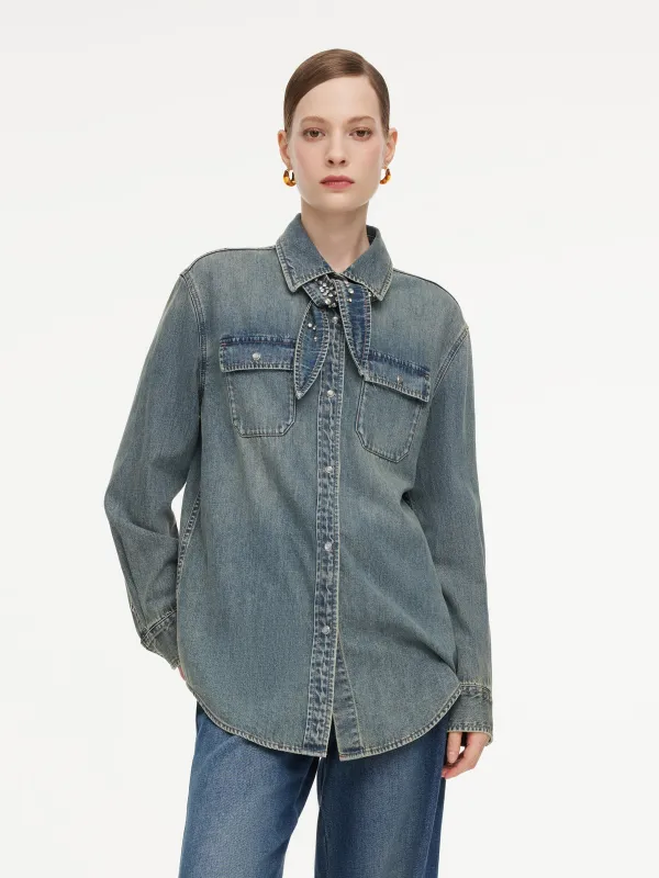 Tencel Cotton Blend Denim Women Shirt With Detachable Rhinestone Ties made by Goelia
