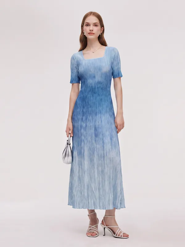Blue And White Gradient Women Pleated Maxi Dress made by Goelia