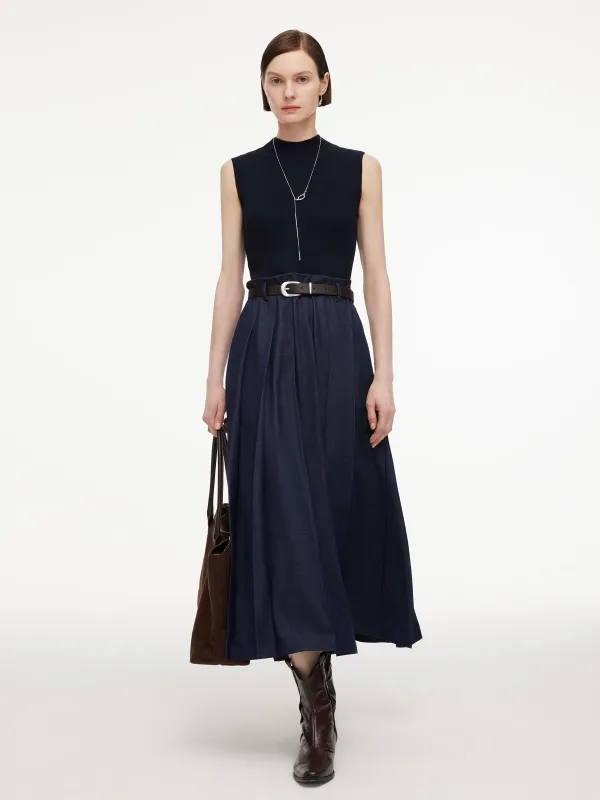 Lyocell Blend Patchwork Women Sleeveless Maxi Dress With Belt made by Goelia