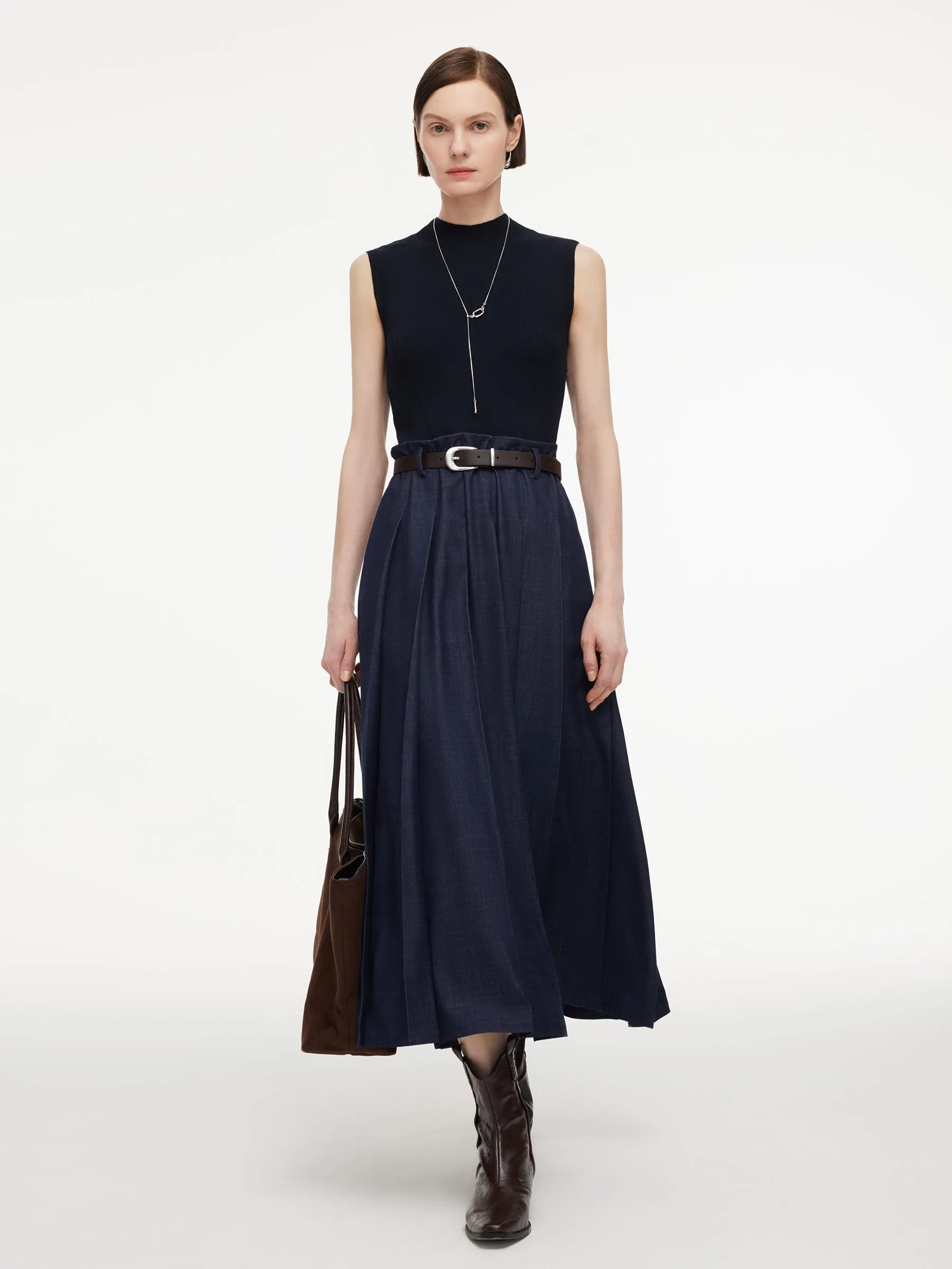 Lyocell Blend Patchwork Women Sleeveless Maxi Dress With Belt sold by Goelia