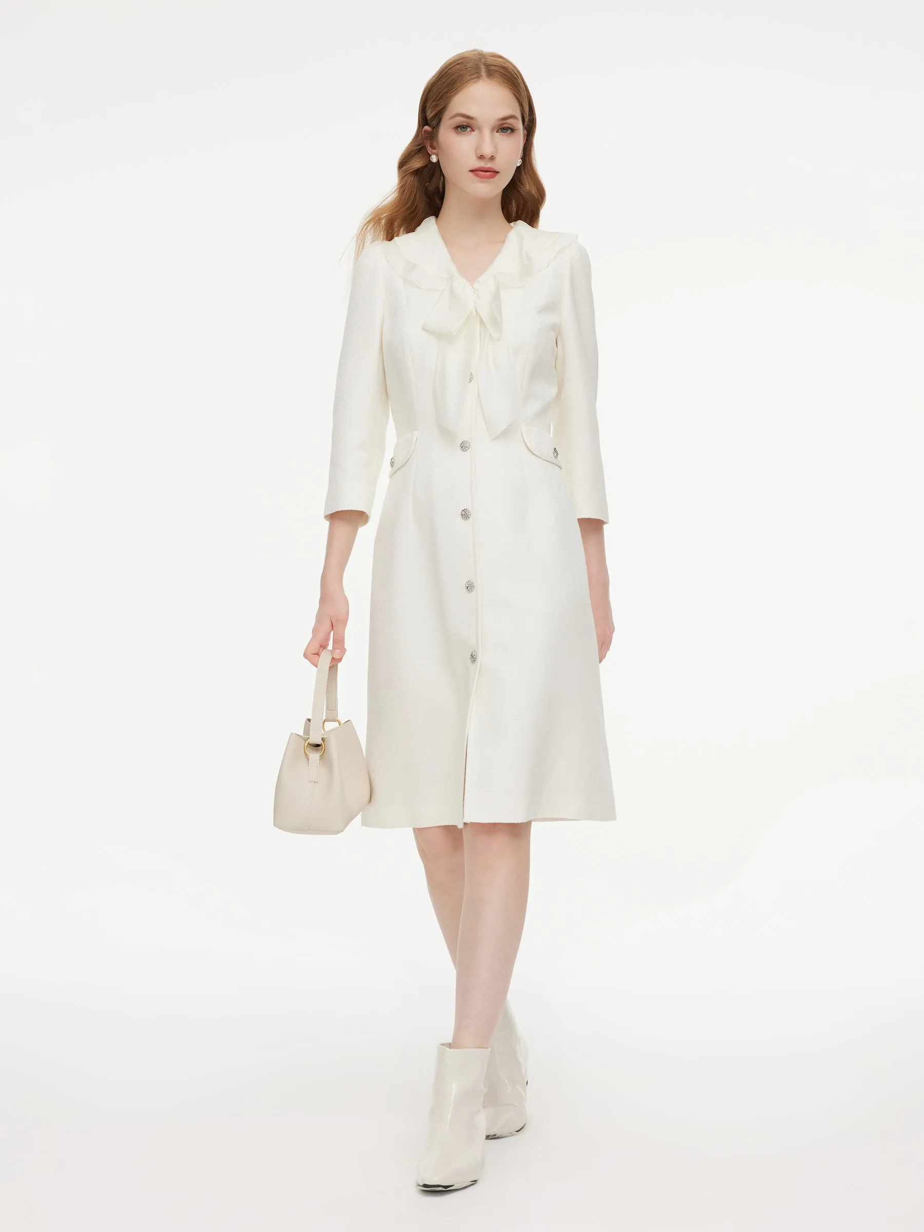 Wool Blend Tweed 3/4 Sleeve Women Midi Dress With Detachable Ruffle Collar sold by Goelia product image thumbnail 2