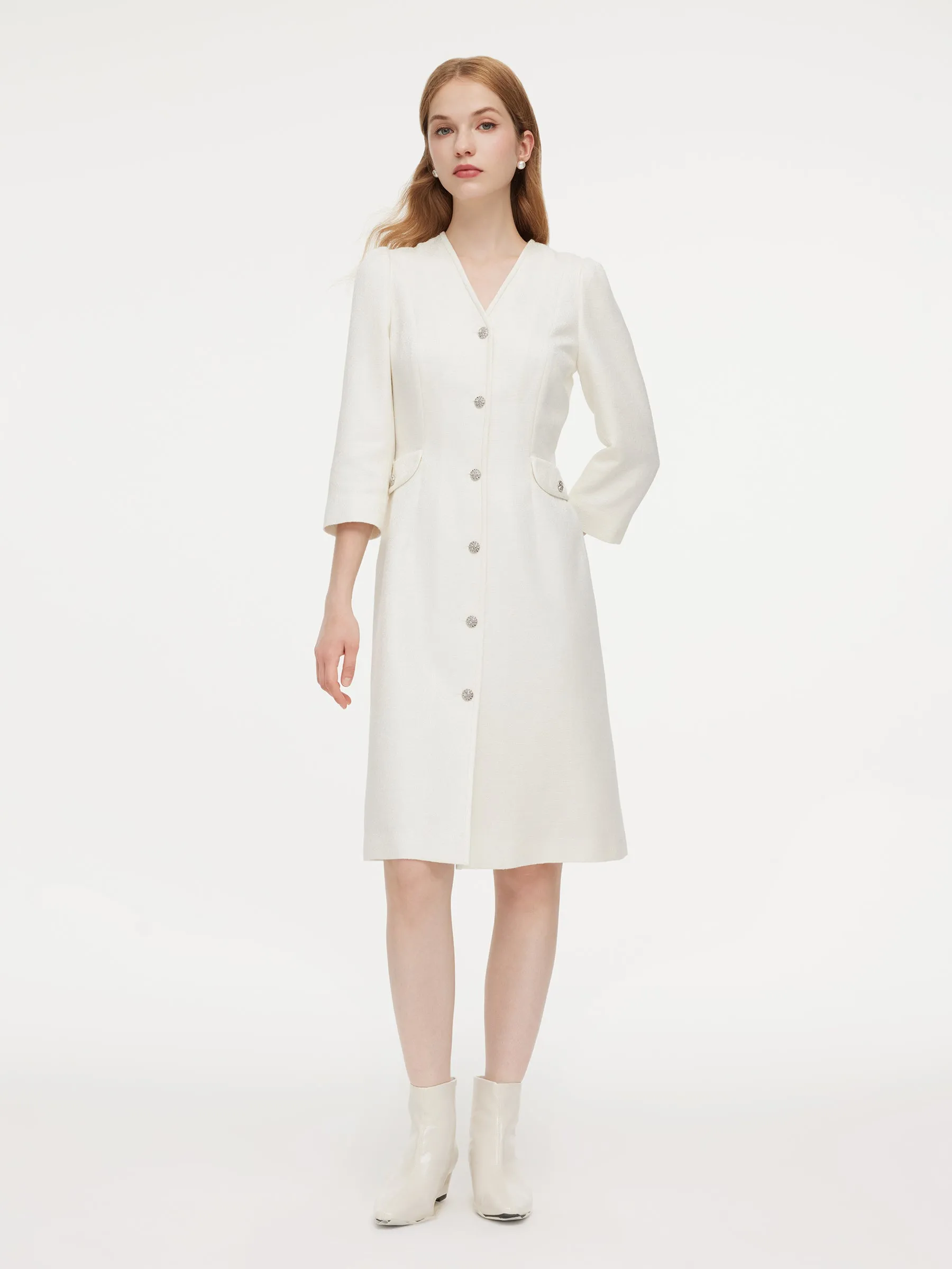 Wool Blend Tweed 3/4 Sleeve Women Midi Dress With Detachable Ruffle Collar sold by Goelia product image thumbnail 5