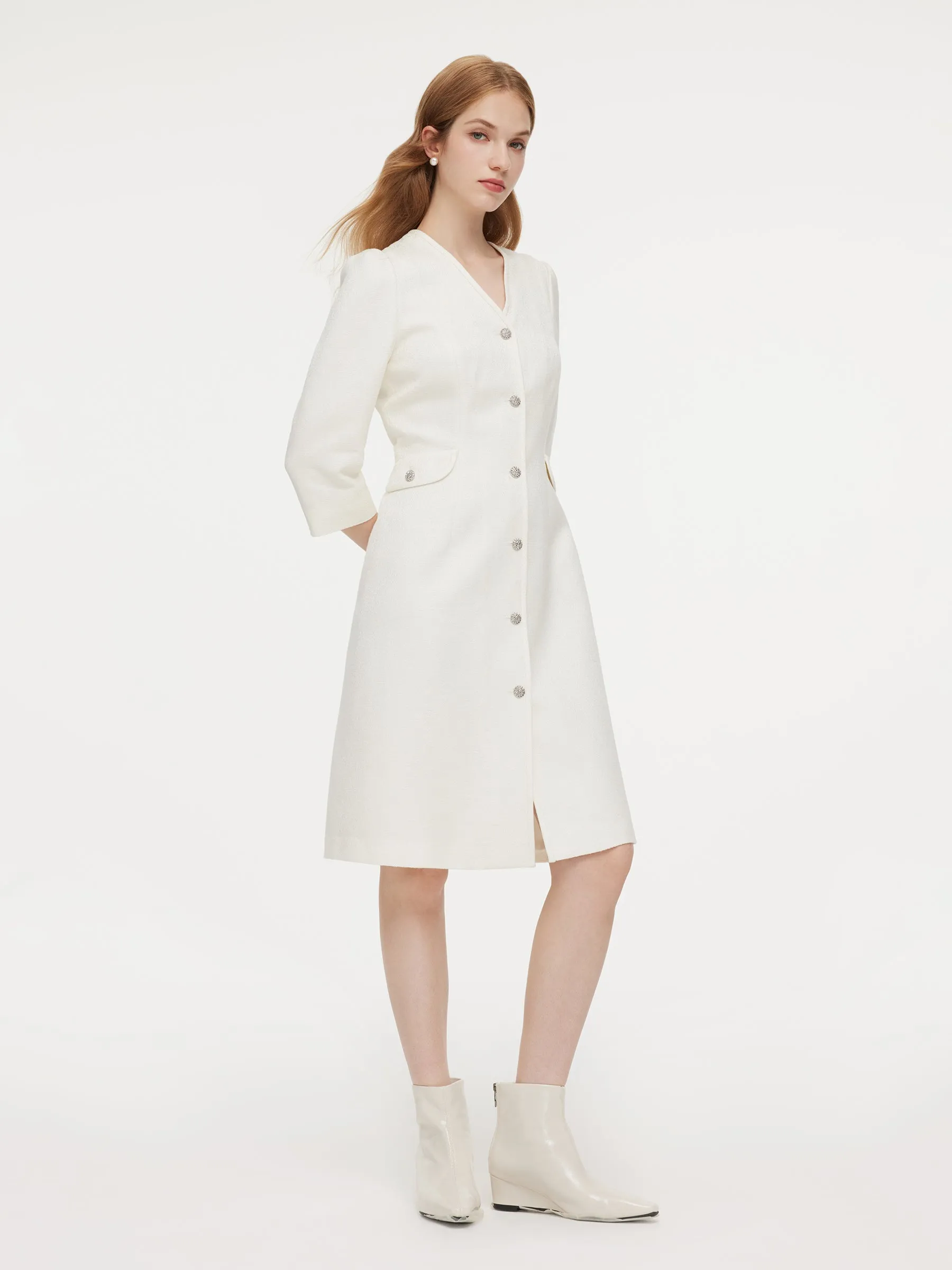 Wool Blend Tweed 3/4 Sleeve Women Midi Dress With Detachable Ruffle Collar sold by Goelia product image thumbnail 4