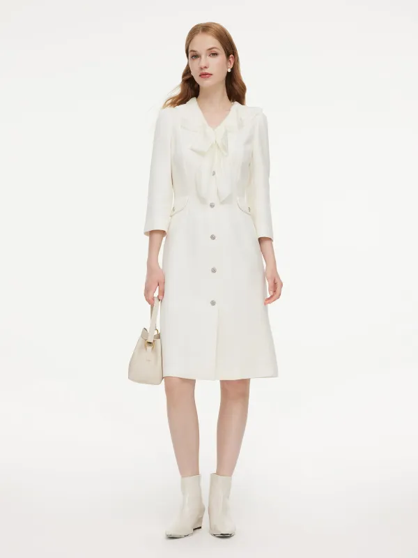Wool Blend Tweed 3/4 Sleeve Women Midi Dress With Detachable Ruffle Collar made by Goelia