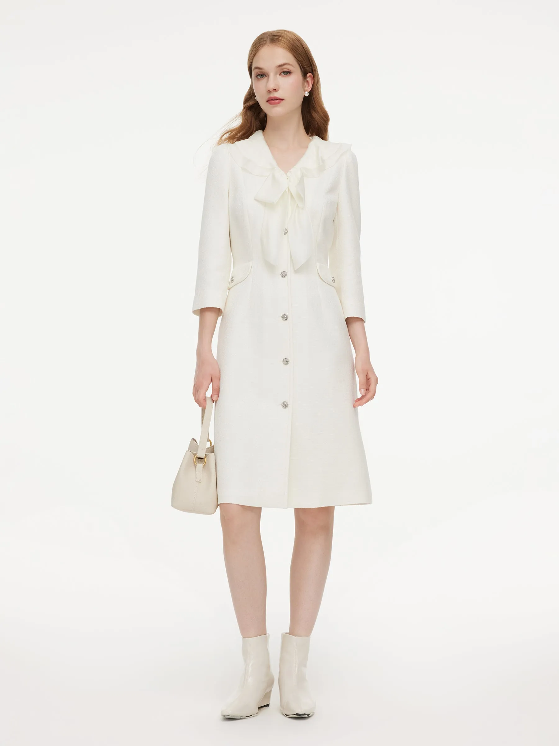 Wool Blend Tweed 3/4 Sleeve Women Midi Dress With Detachable Ruffle Collar sold by Goelia