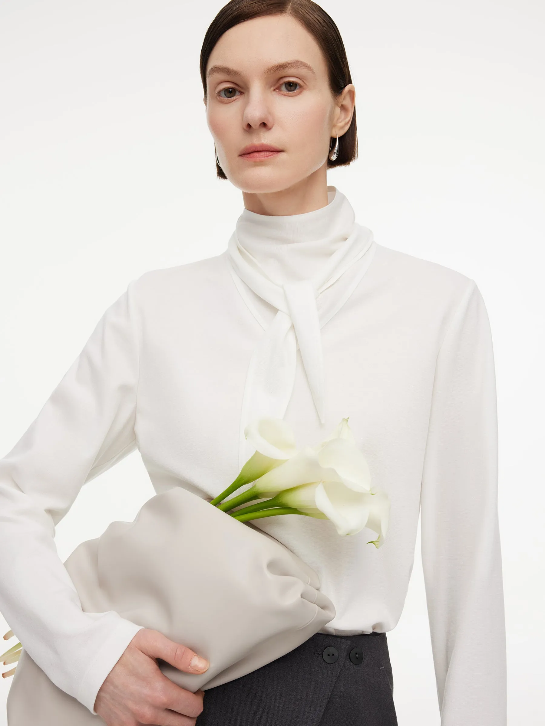 Triacetate Tencel Blend Tie Neck Women Knit Top sold by Goelia product image thumbnail 5