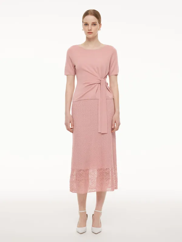 Tencel Blend Tie Front Knit Top And Crocheted Column Skirt Two-Piece Set made by Goelia