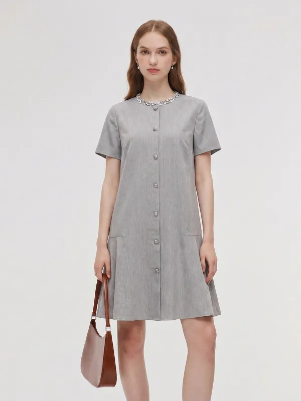 Tencel Linen Blend Sequined Round Neck Women Mini Dress made by Goelia