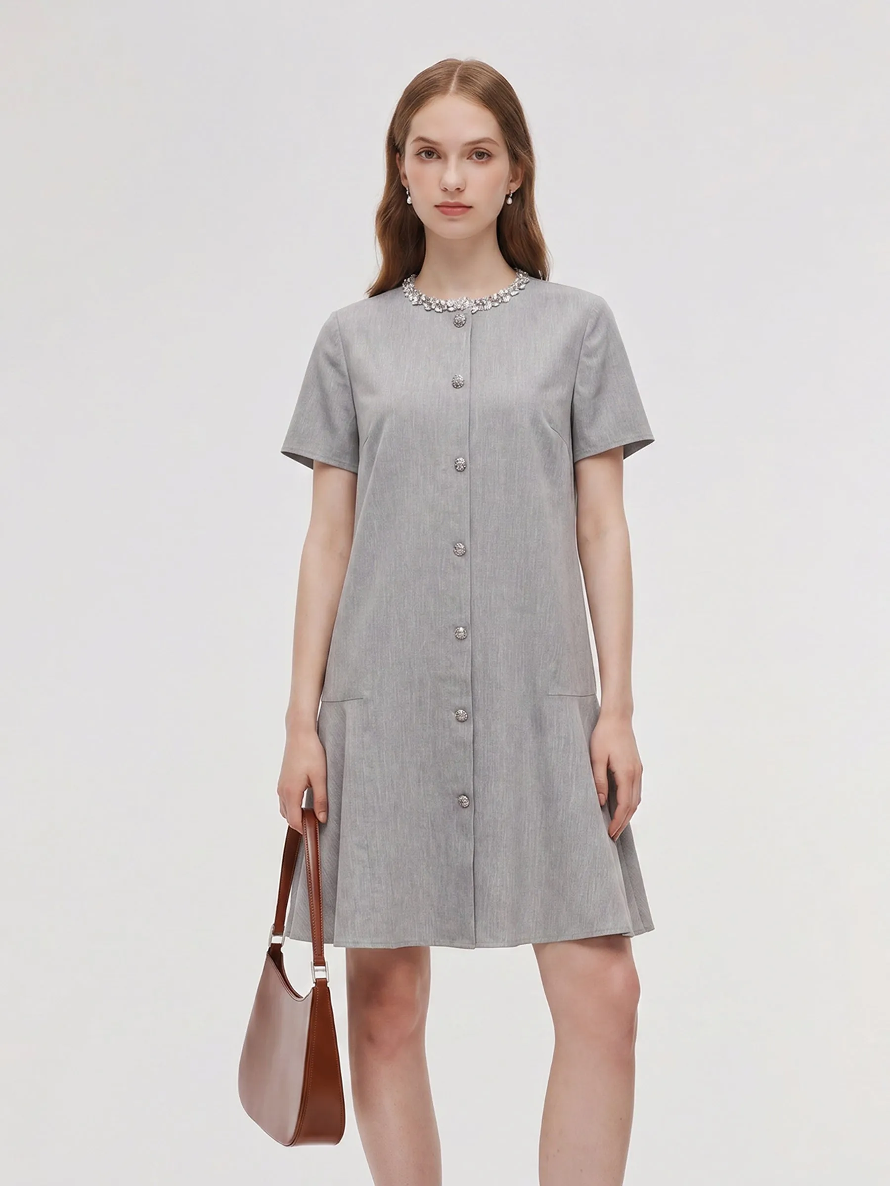 Tencel Linen Blend Sequined Round Neck Women Mini Dress sold by Goelia