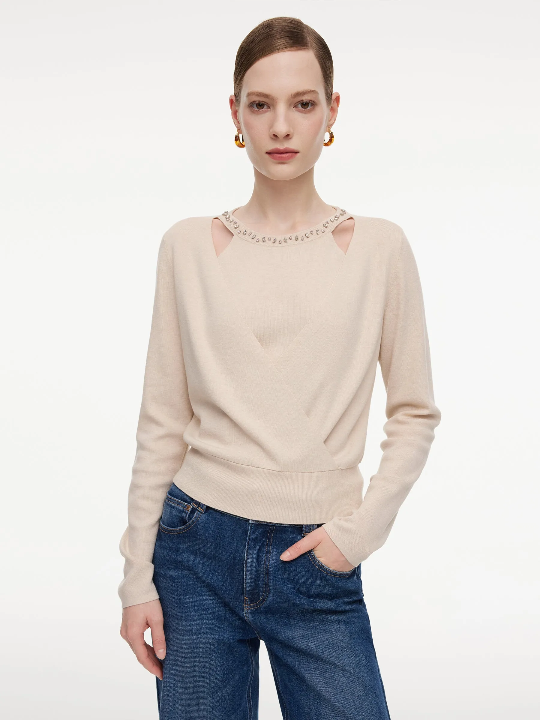 Tencel Wool Blend Beaded Neck Women Cut-Out Wrap Knit Top sold by Goelia product image thumbnail 5