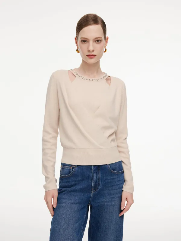 Tencel Wool Blend Beaded Neck Women Cut-Out Wrap Knit Top made by Goelia
