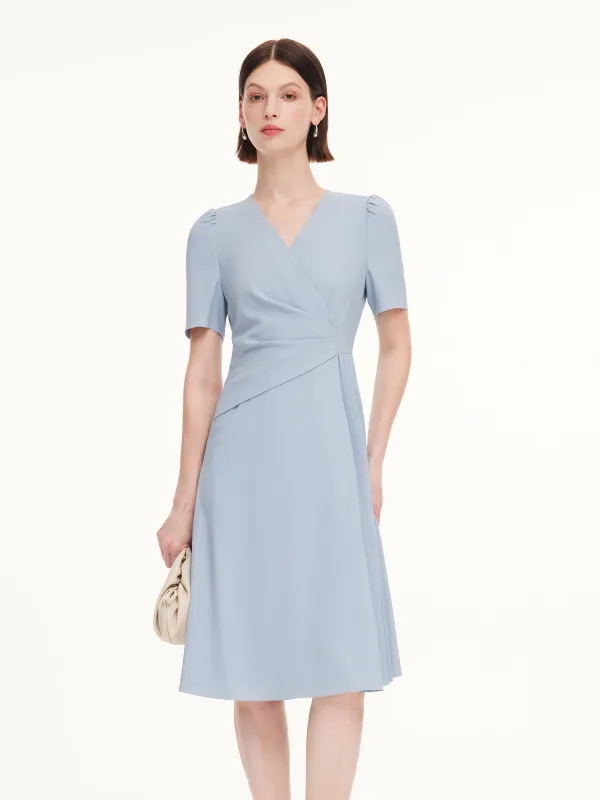 V-Neck Asymmetric Pleated Women Midi Dress made by Goelia