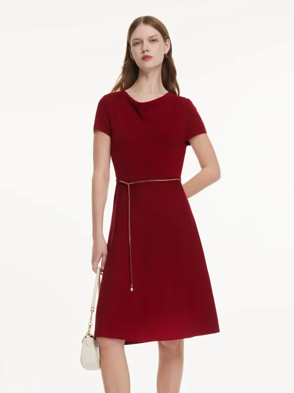 Lyocell Blend Rhinestone Cowl Neck Women Knit Midi Dress With Chain Belt made by Goelia