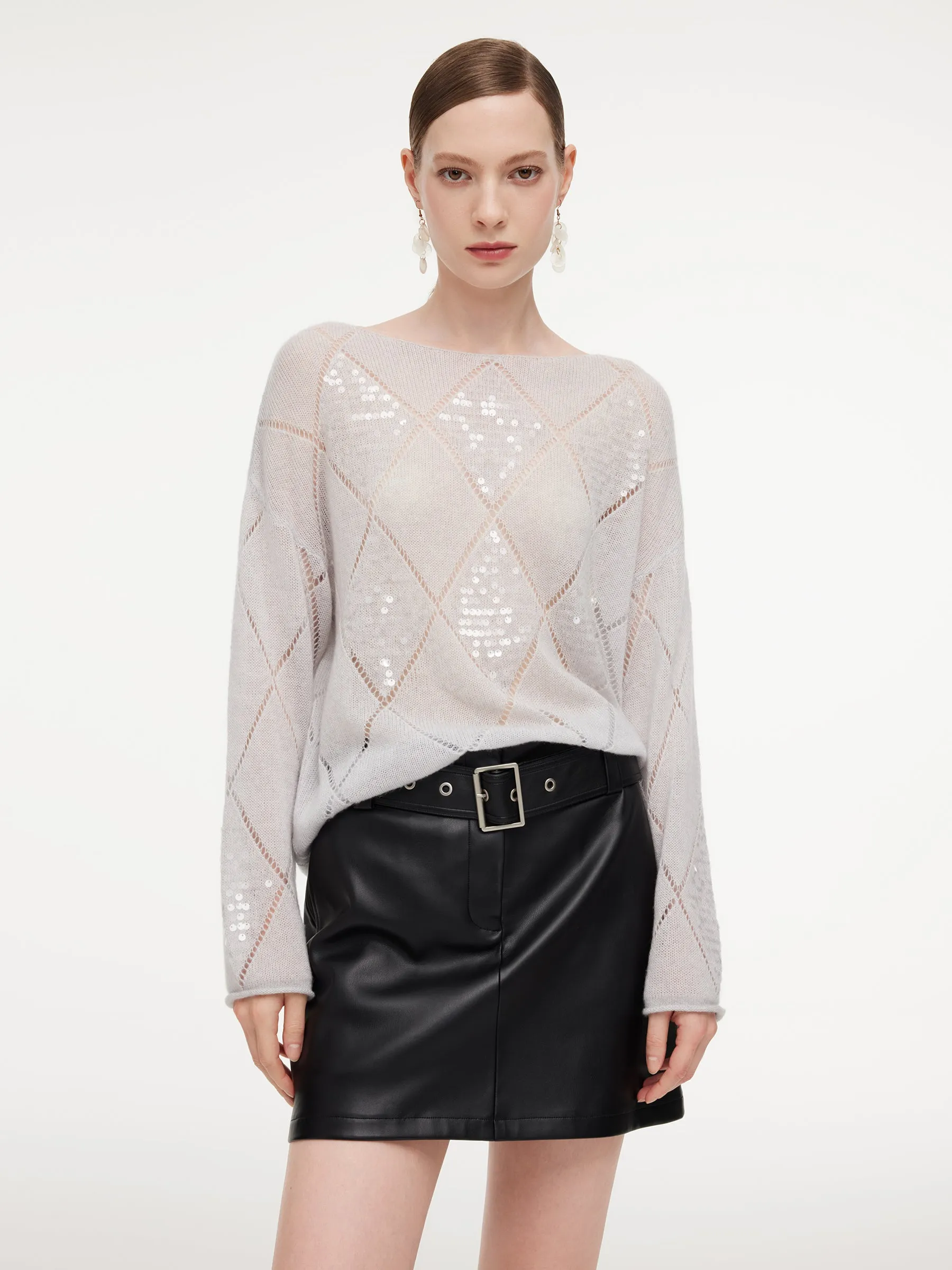 Lyocell Wool Cashmere Blend Sequins Women Open-Knit Sweater sold by Goelia