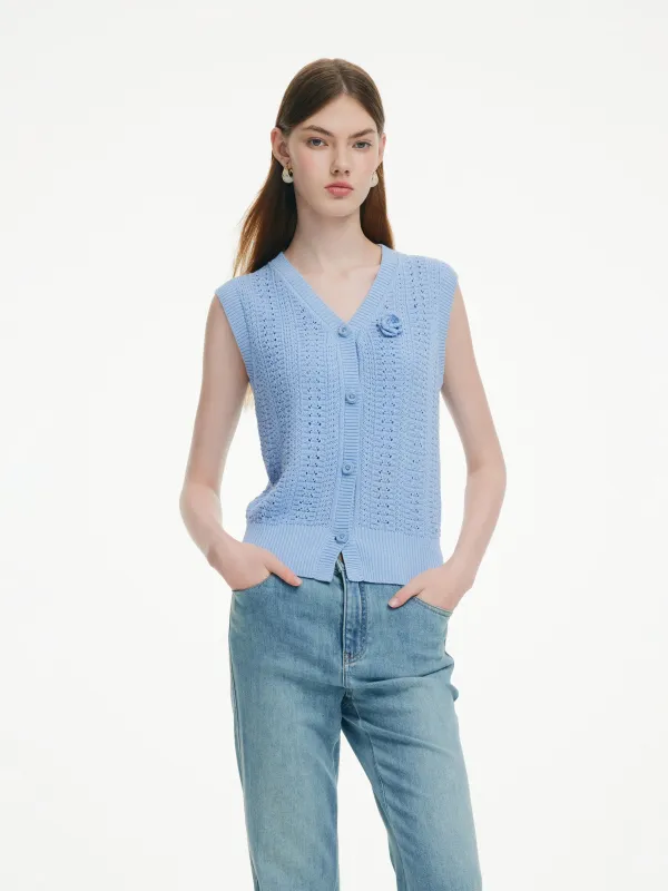 100% Cotton Textured Women Knit Vest With Detachable Knit Flower made by Goelia