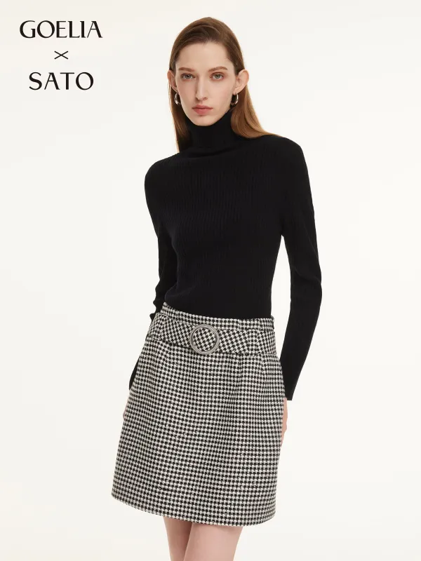 Black And White Houndstooth Women A-Line Skirt With Belt made by Goelia