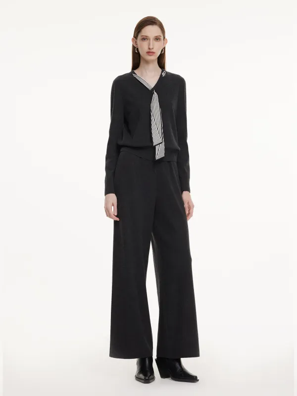 V-Neck Knit Top And Pants Two-Piece Set With Silk Scarf made by Goelia