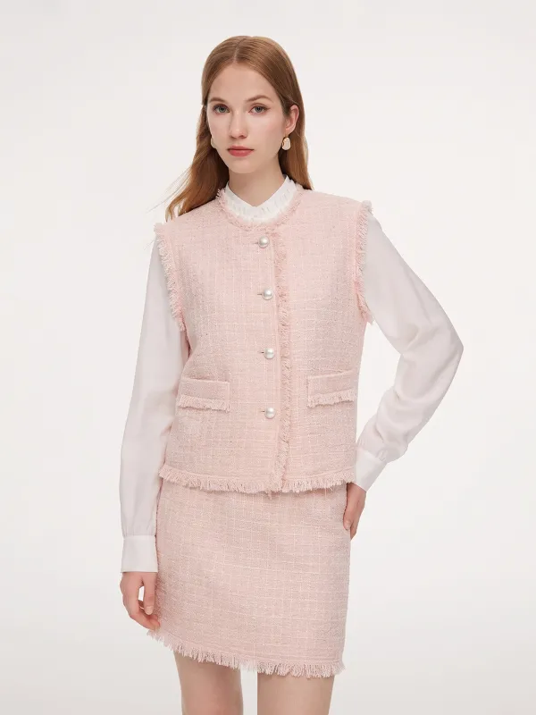 Tweed Frayed Edge Vest And Skirt Two-Piece Set made by Goelia