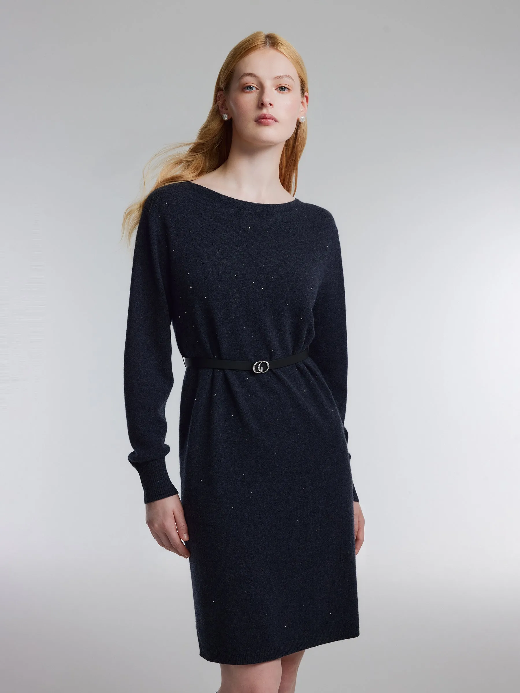 100% Wool Boat Neck Women Knit Mini Dress With Belt sold by Goelia product image thumbnail 2
