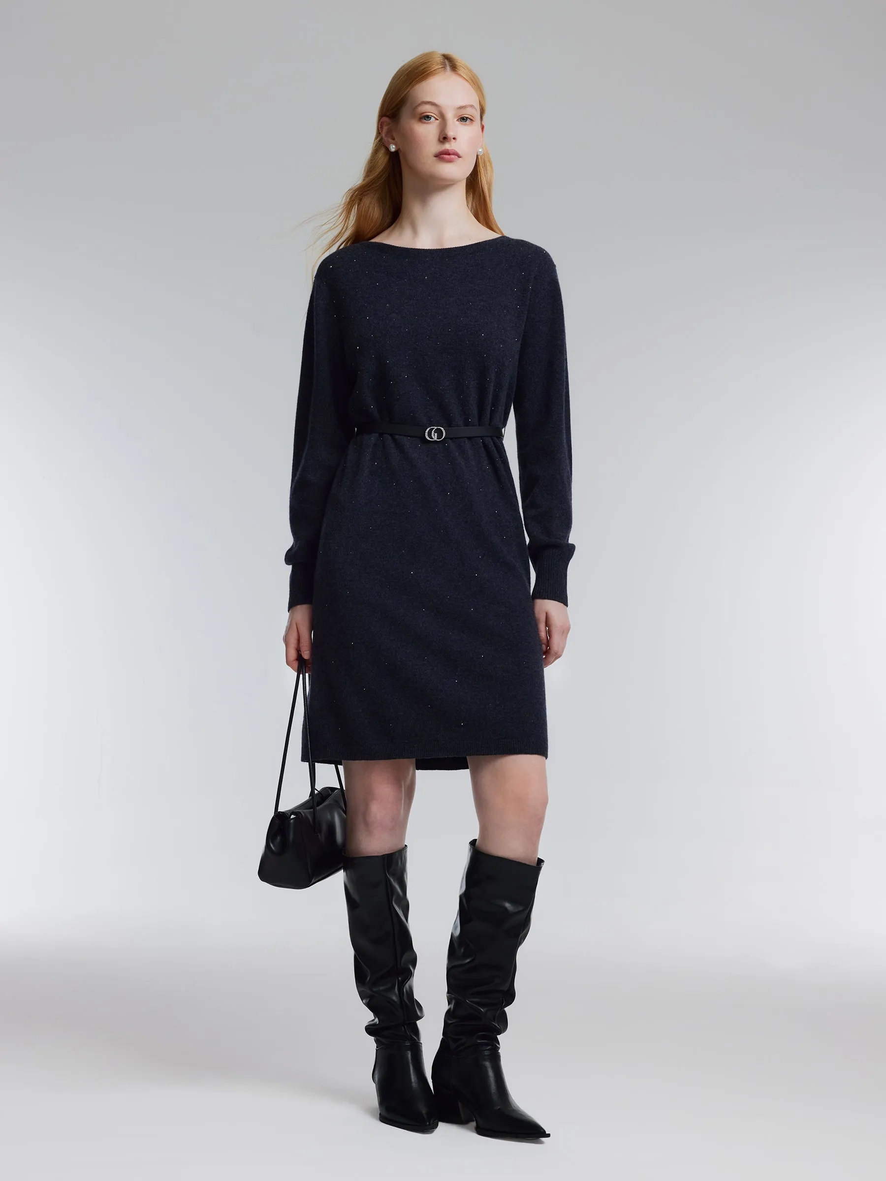100% Wool Boat Neck Women Knit Mini Dress With Belt sold by Goelia