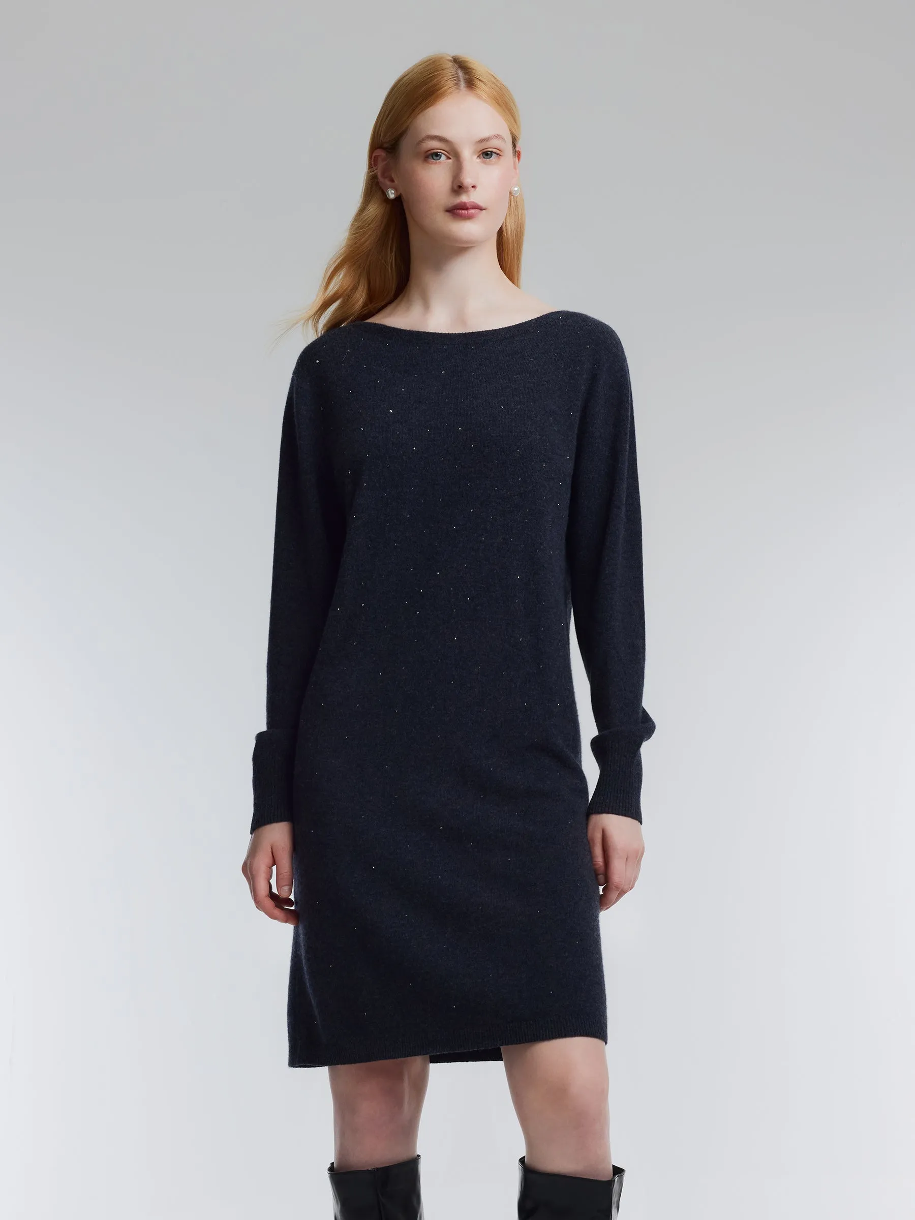 100% Wool Boat Neck Women Knit Mini Dress With Belt sold by Goelia product image thumbnail 5