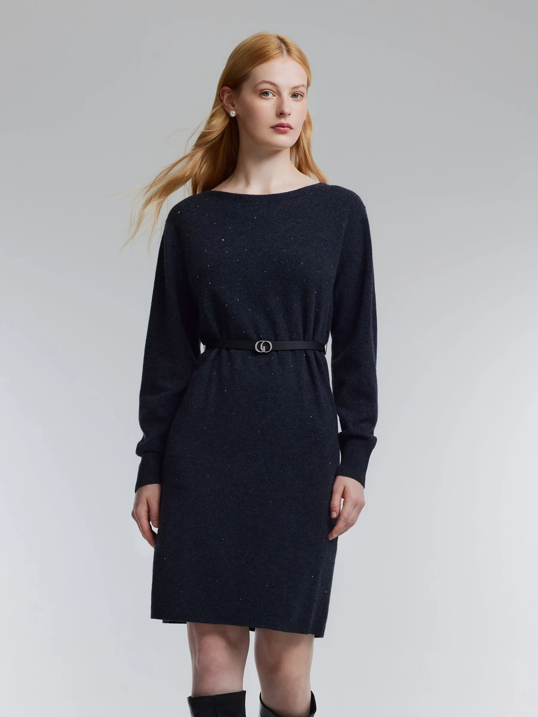 100% Wool Boat Neck Women Knit Mini Dress With Belt sold by Goelia product image thumbnail 4