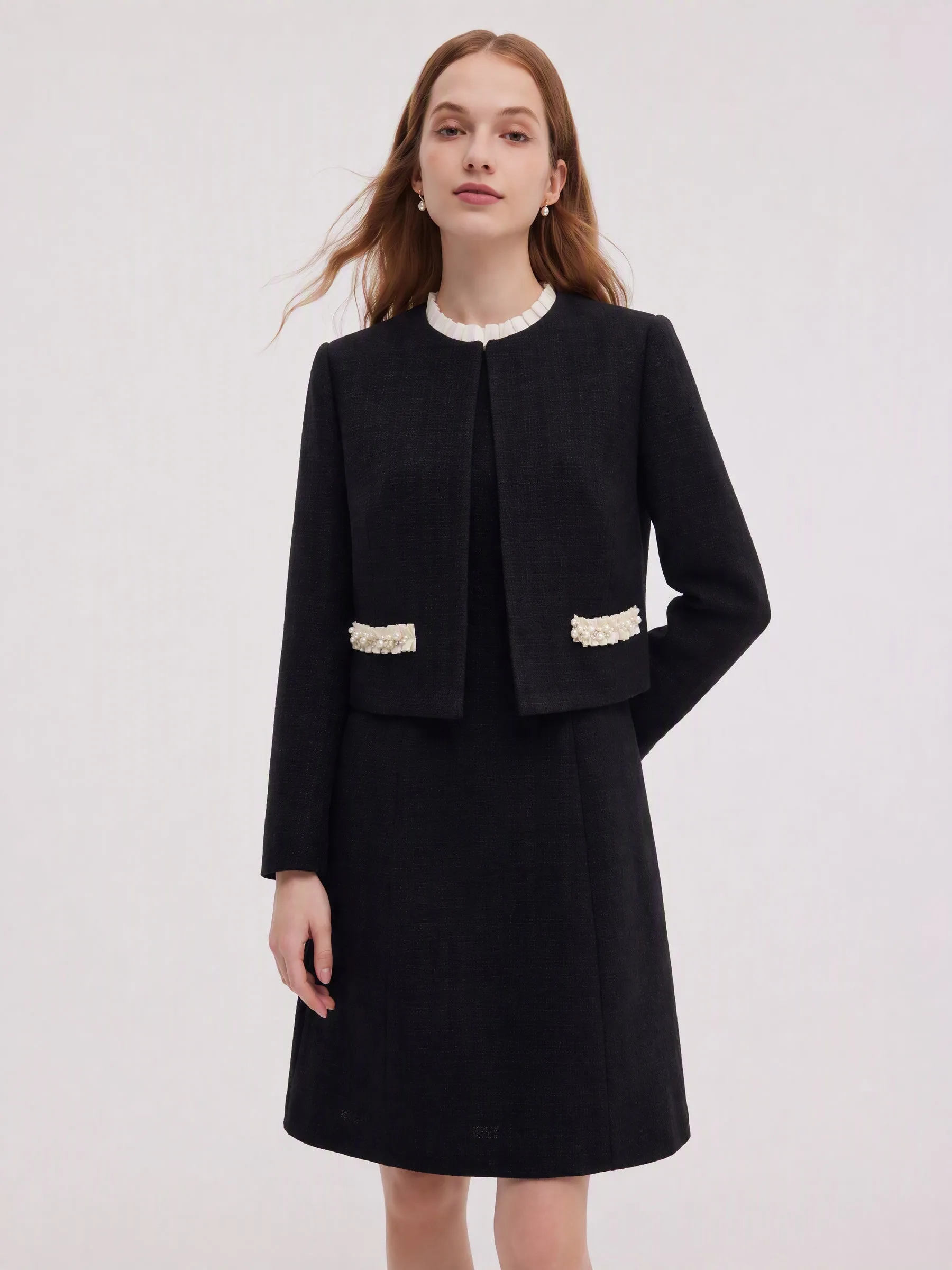 Pre-Order Cotton Blend Cropped Jacket And Ruffle Sleeveless Mini Dress Two-Piece Set sold by Goelia product image thumbnail 2