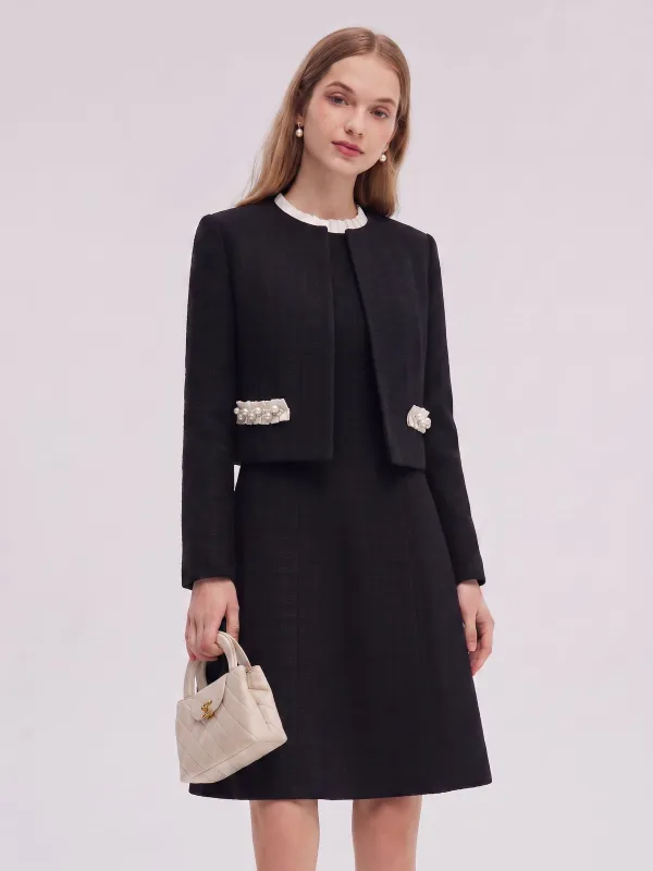 Pre-Order Cotton Blend Cropped Jacket And Ruffle Sleeveless Mini Dress Two-Piece Set made by Goelia