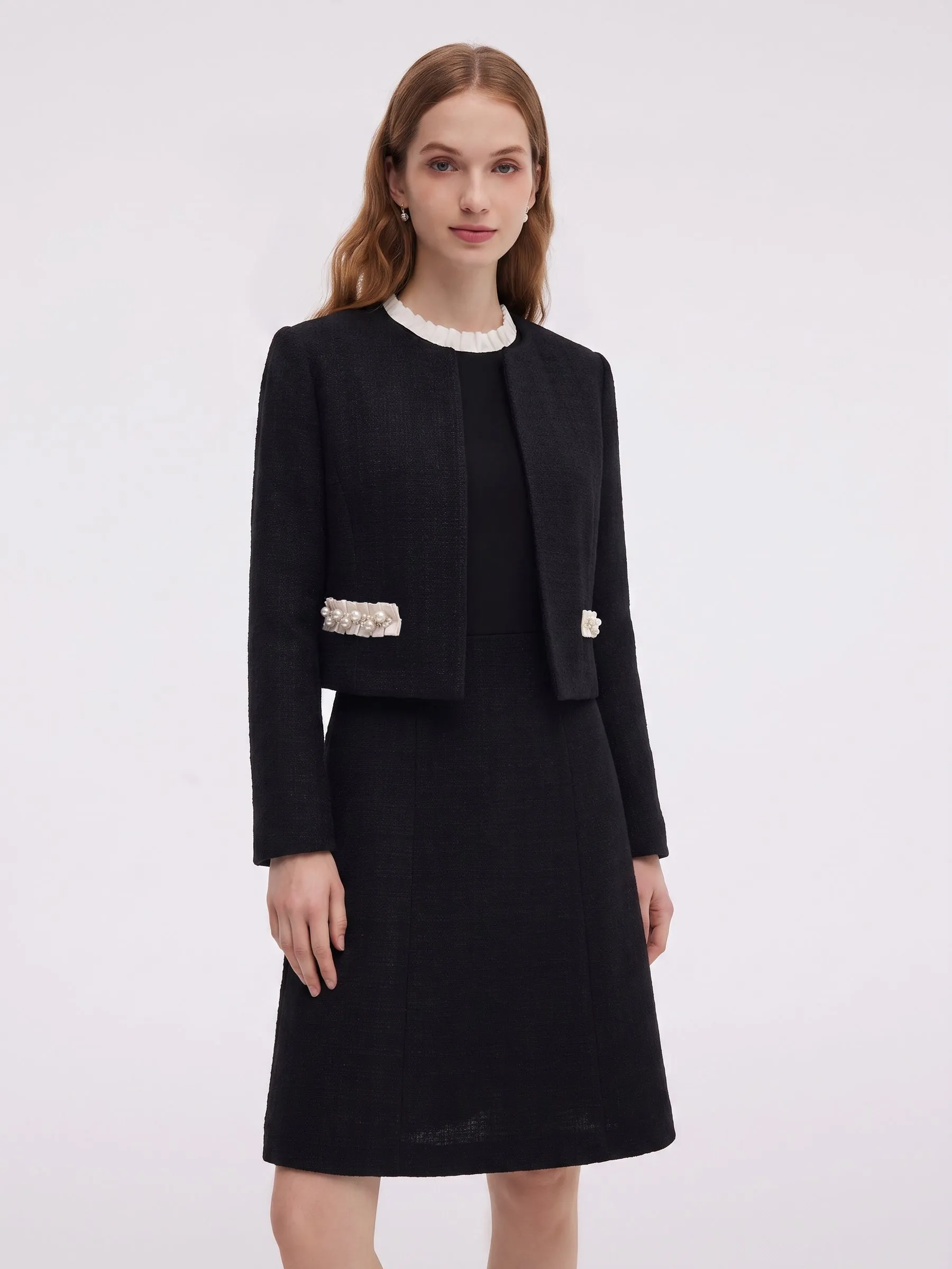 Pre-Order Cotton Blend Cropped Jacket And Ruffle Sleeveless Mini Dress Two-Piece Set sold by Goelia product image thumbnail 3