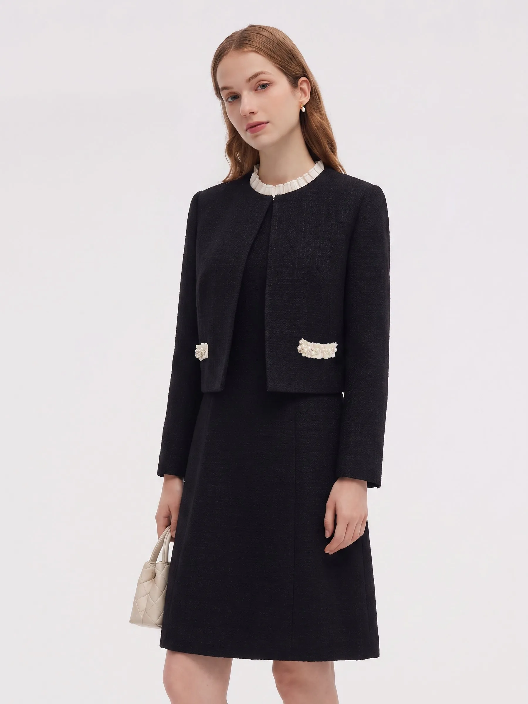 Pre-Order Cotton Blend Cropped Jacket And Ruffle Sleeveless Mini Dress Two-Piece Set sold by Goelia product image thumbnail 4