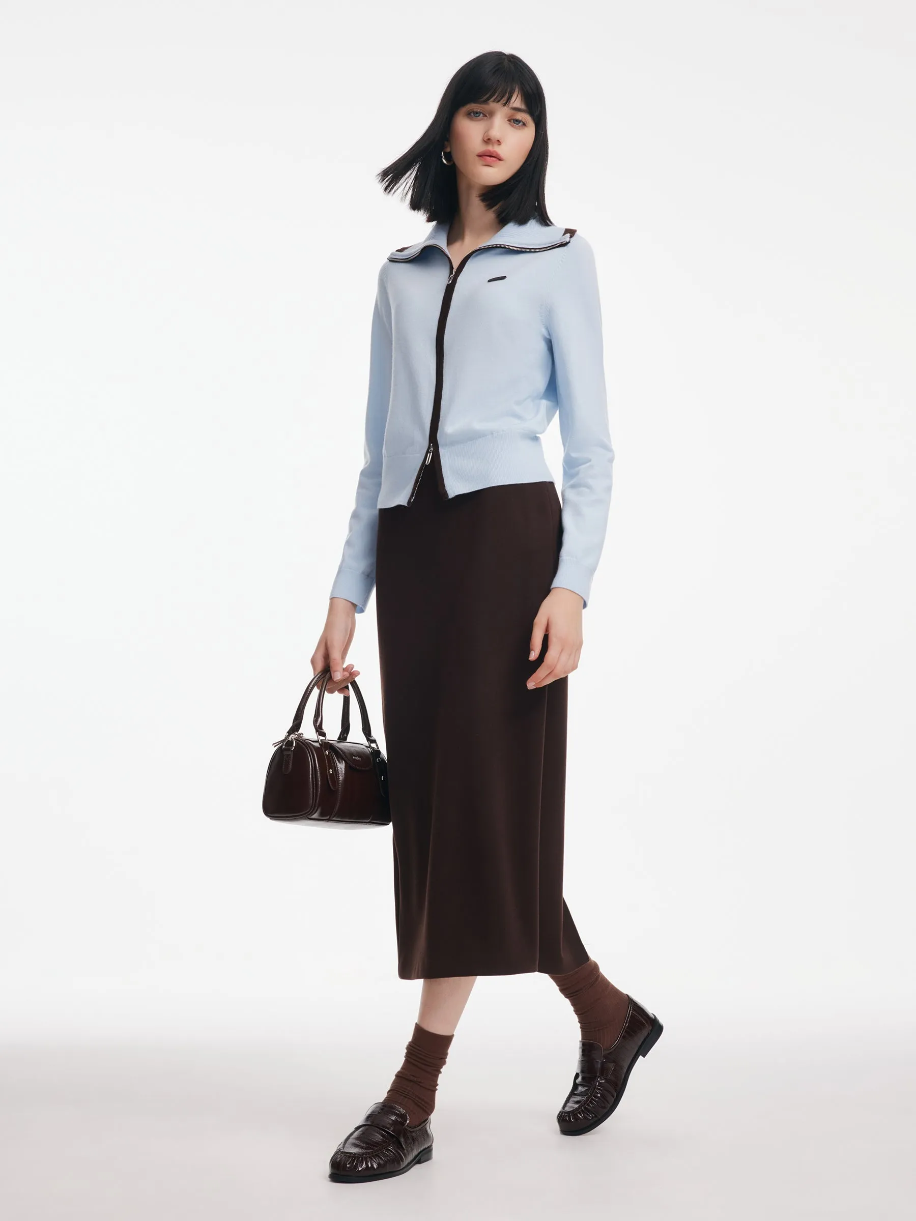 Contrast Trim Lapel Zip-Up Cardigan And Skirt Two-Piece Set sold by Goelia product image thumbnail 5