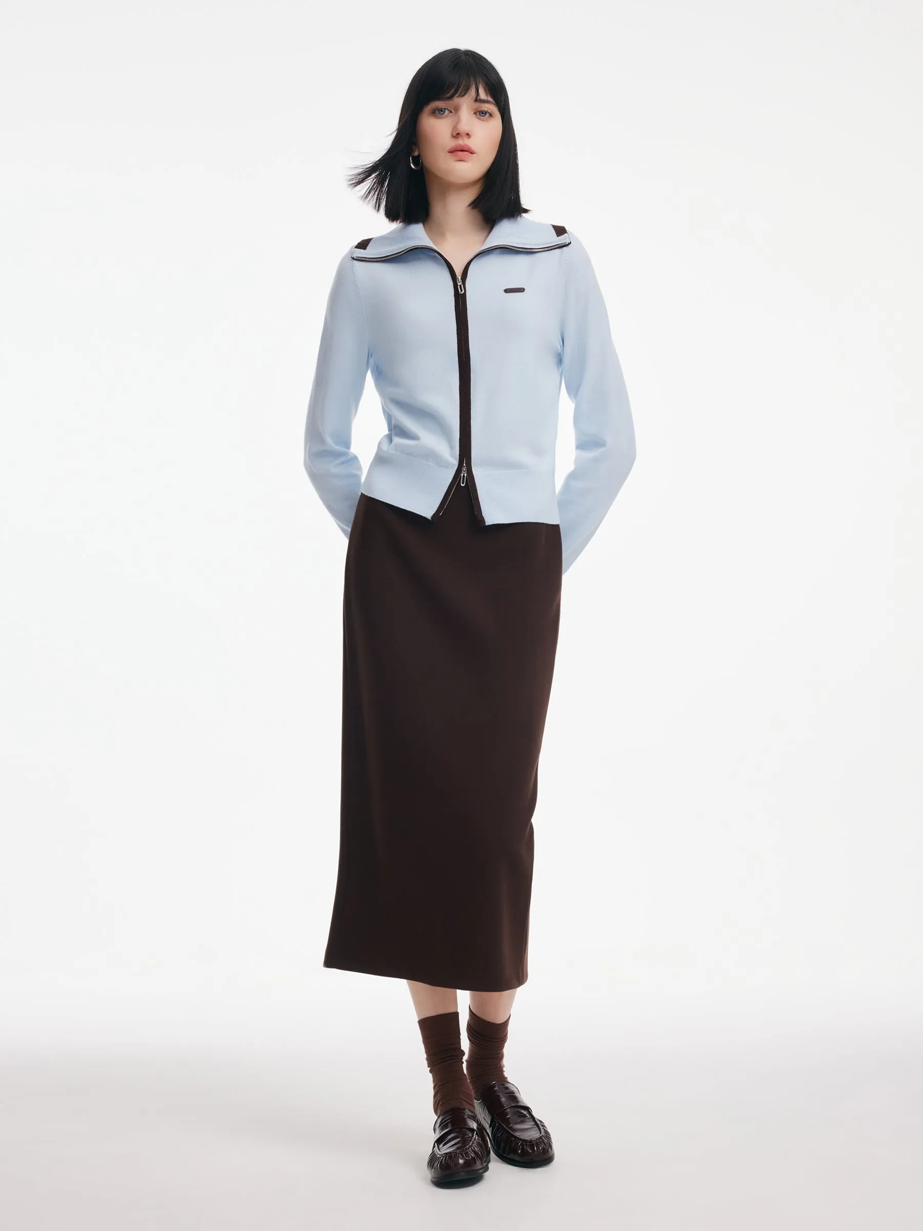 Contrast Trim Lapel Zip-Up Cardigan And Skirt Two-Piece Set sold by Goelia product image thumbnail 2