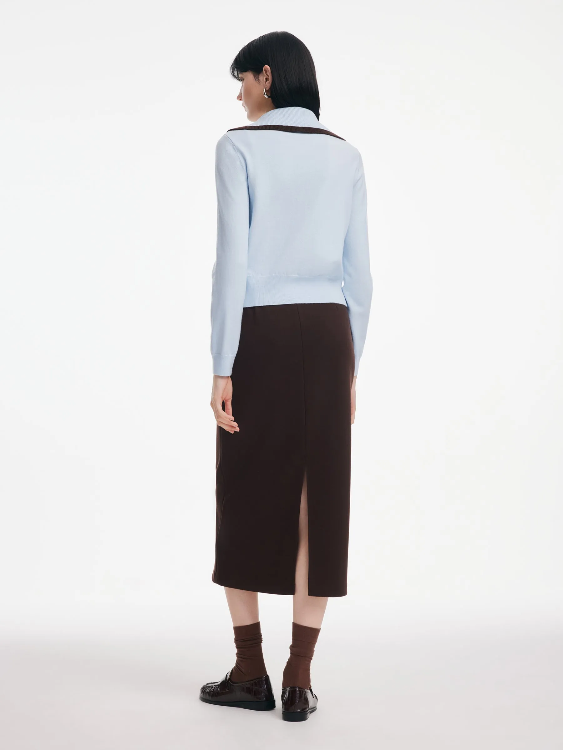 Contrast Trim Lapel Zip-Up Cardigan And Skirt Two-Piece Set sold by Goelia product image thumbnail 3