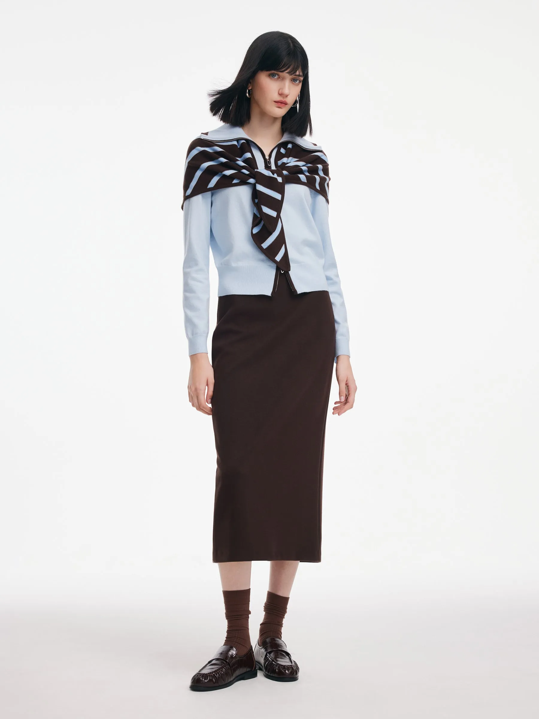 Contrast Trim Lapel Zip-Up Cardigan And Skirt Two-Piece Set sold by Goelia product image thumbnail 4