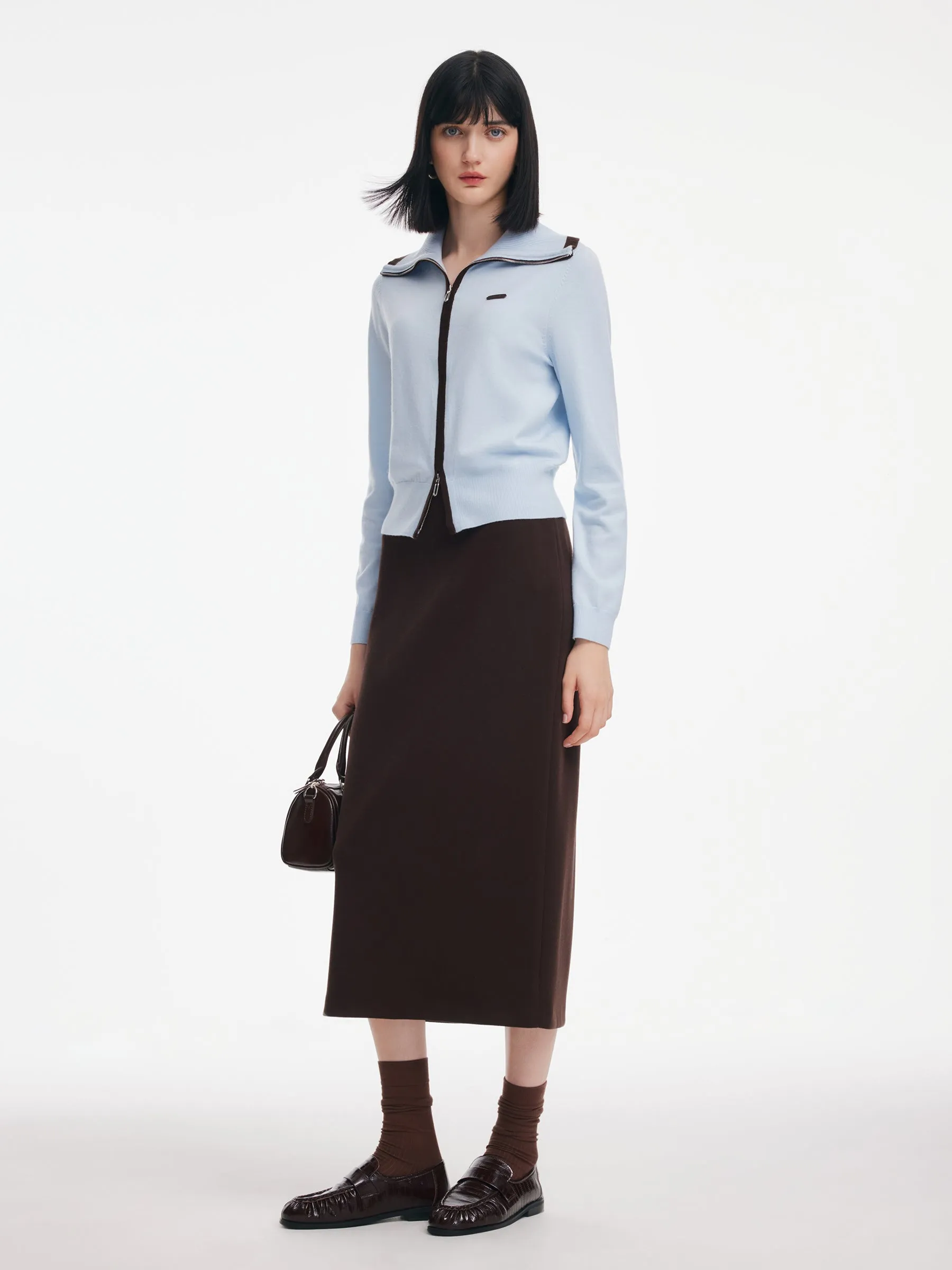 Contrast Trim Lapel Zip-Up Cardigan And Skirt Two-Piece Set sold by Goelia