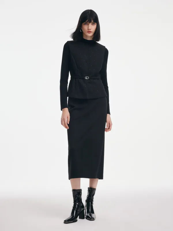 Rhinestone Vest & Knit Top & Skirt Three-Piece Set With Belt made by Goelia