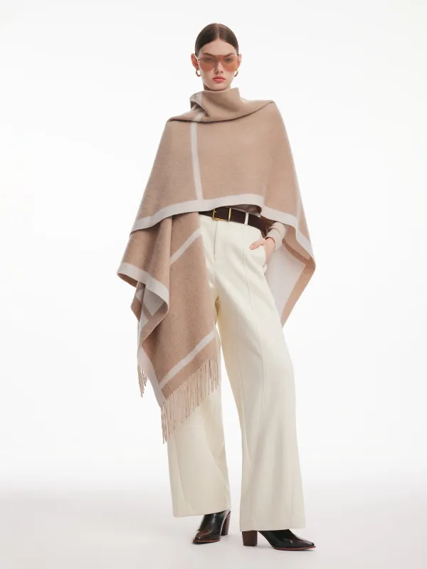 Cashmere Wool Contrast Border Fringed Poncho made by Goelia