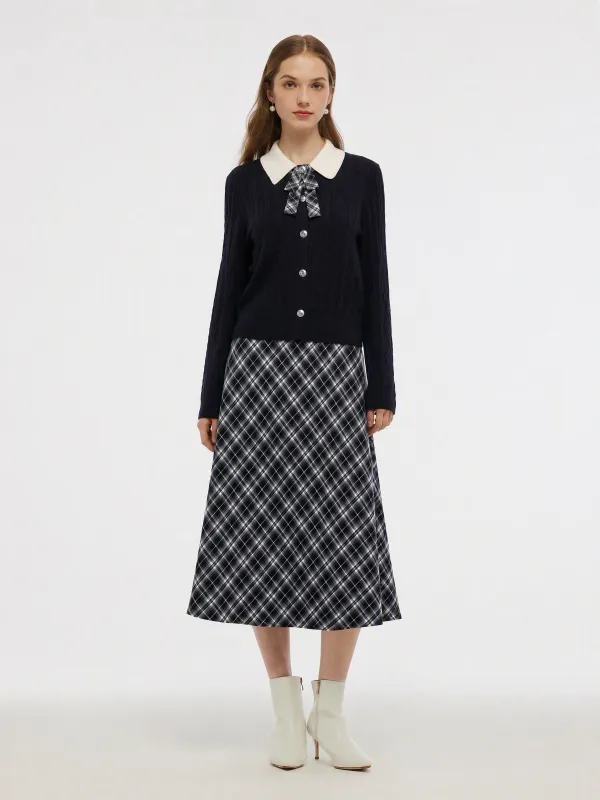 [Preview] Cable Knit Cardigan And Plaid Skirt Two-Piece Set With Detachable Bow made by Goelia