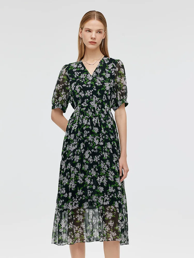 10 Momme Mulberry Silk Floral Print Women Midi Dress sold by Goelia