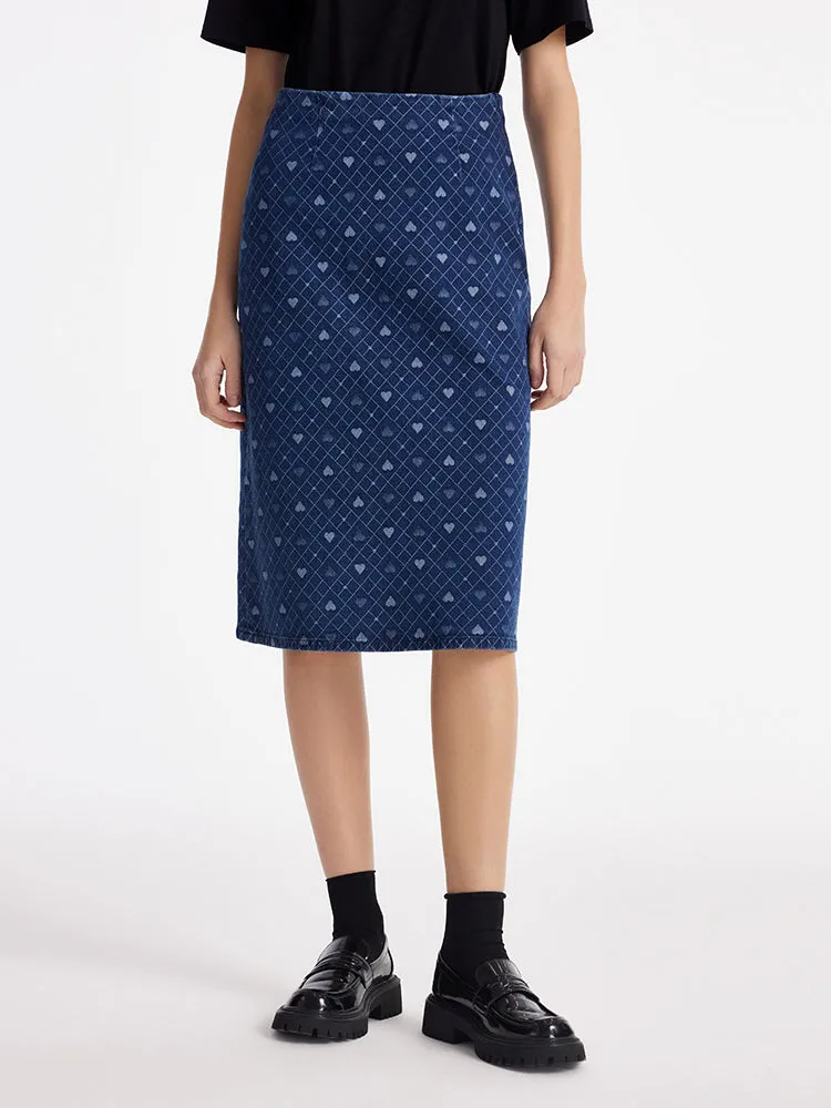 Denim Slit Heart Jacquard Women Skirt sold by Goelia