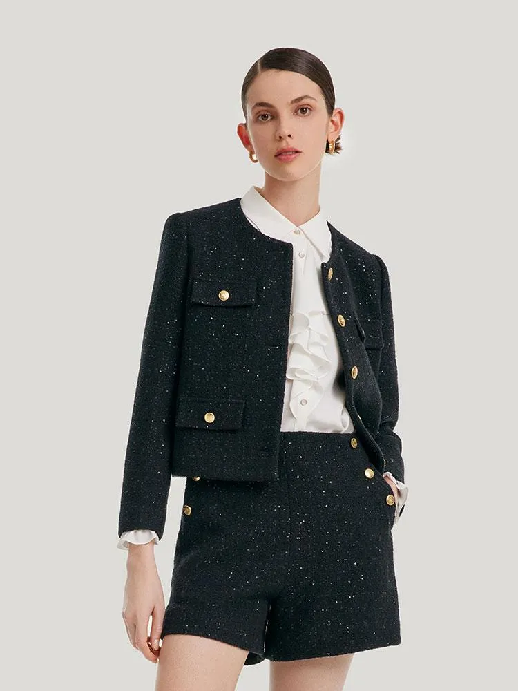 Elegant Black Tweed Cropped Women Jacket sold by Goelia
