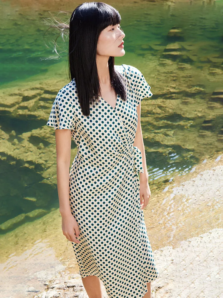 16 Momme Pure Silk Polka Dots Printed Wrap Midi Dress sold by Goelia product image thumbnail 2