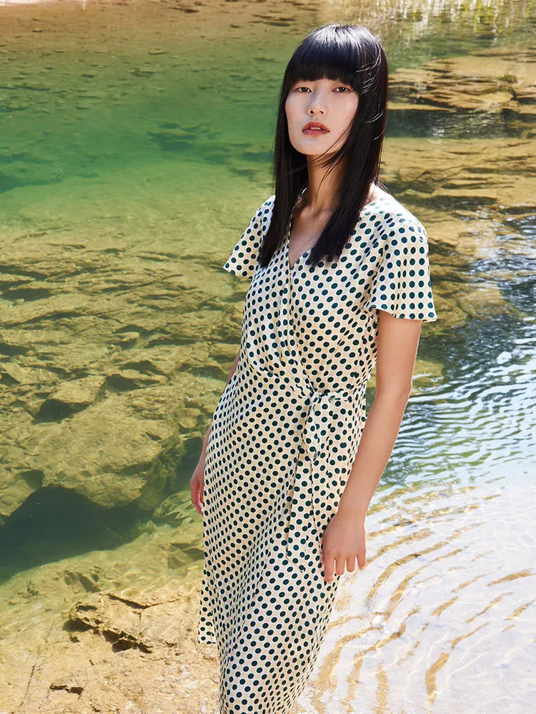 16 Momme Pure Silk Polka Dots Printed Wrap Midi Dress sold by Goelia product image thumbnail 3