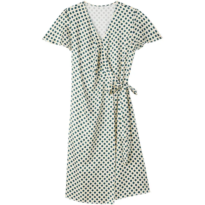 16 Momme Pure Silk Polka Dots Printed Wrap Midi Dress sold by Goelia product image thumbnail 5