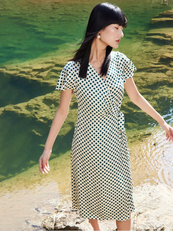 16 Momme Pure Silk Polka Dots Printed Wrap Midi Dress sold by Goelia